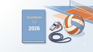 ソフトバレーボールのルールブックとホイッスルのイメージ